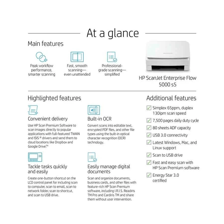 HP ScanJet Enterprise Flow 5000 s5 Scanner specifications